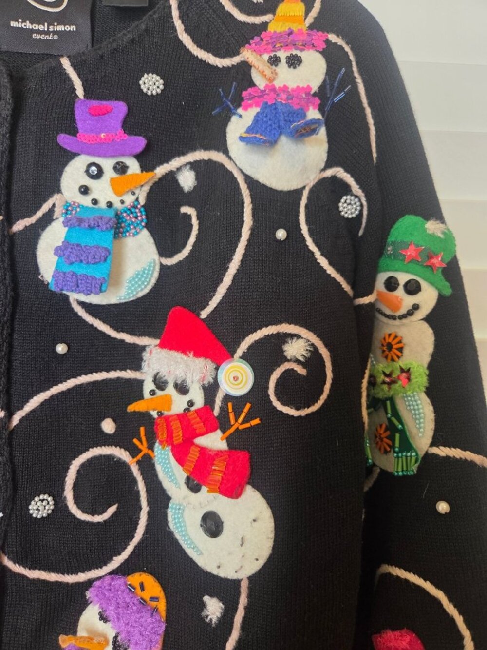 VTG Michael Simon Womens XL Black Embellished Snowman Cardigan Sweater Holiday - Picture 4 of 8